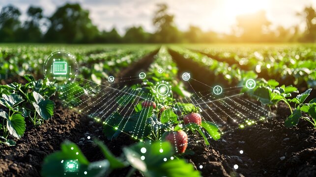 Futuristic farm with digital interface and growing strawberries at sunset.