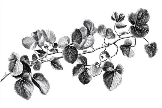Black and white Vintage engraved art of akebia vines, isolated on white background, ink sketch illustration, simple vector art design, highly detailed line art, high contrasty 
