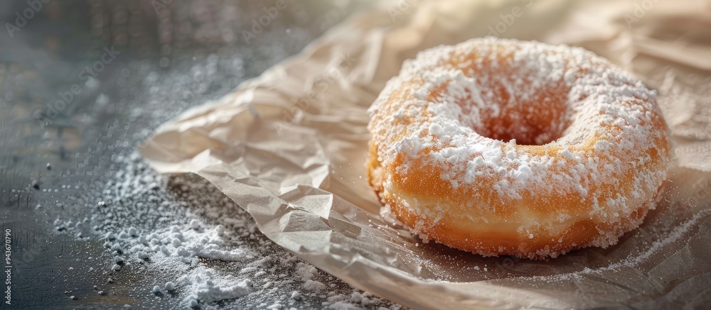 Fototapete donut and powdered sugar on parchment paper. with copy space image. Place for adding text or design