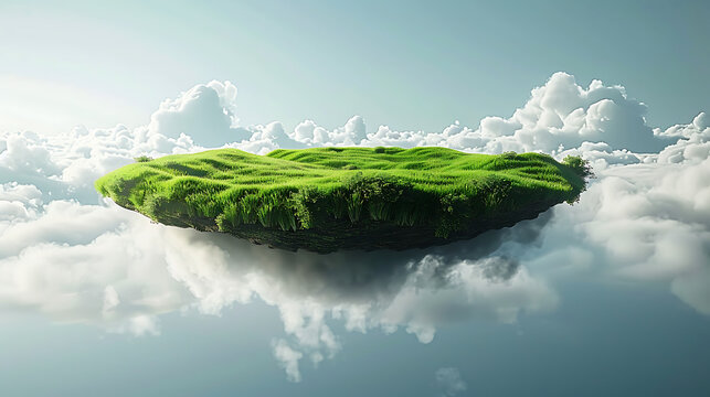 A 3D rendered image of a floating land with a green grass surface