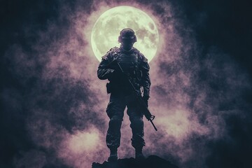 Naklejka premium Silhouetted Soldier Under a Full Moon in a Night Sky