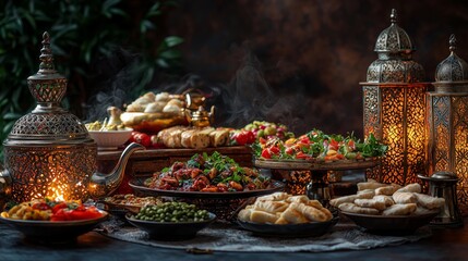A sumptuous Middle Eastern feast spread out on a table with intricate lanterns, showcasing a variety of delicious dishes.