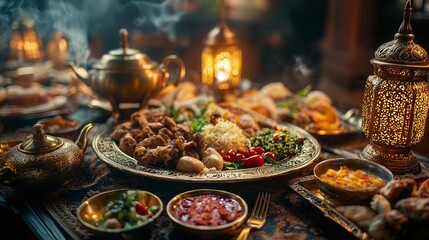 Fototapeta premium A lavish Middle Eastern feast featuring a variety of traditional dishes, ornate lanterns, and steaming platters in a warm, inviting setting.