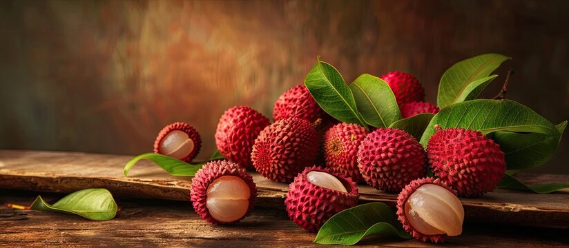 Litchi lichee lychee or lichi Litchi chinensis on aged rustic wooden background with copy space