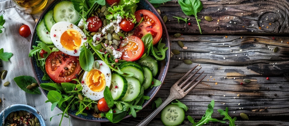 Aufkleber fresh salad featuring tomatoes green leaves cucumber quail eggs and seeds accompanied by a salad spo