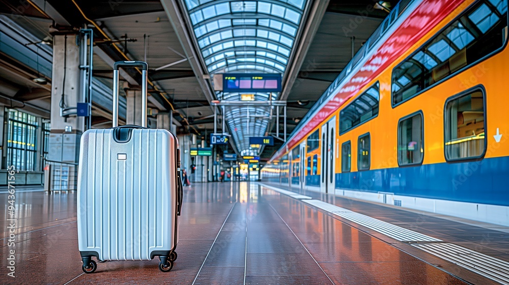 Wall mural travel suitcase waiting for a train at a modern railway station, travel advertise, tourism advertisi