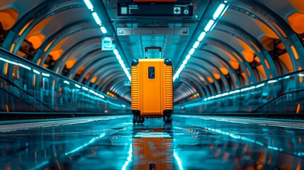 Bright yellow suitcase on a reflective airport terminal floor at night, travel advertise, tourism advertising, copy space for text, tour advert