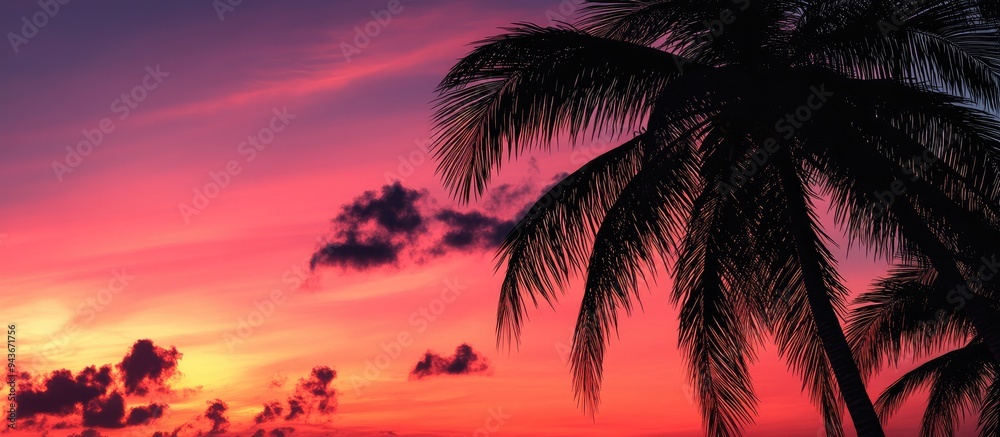 Aufkleber Dark outlines of coconut palm trees set against a vibrant sunset sky on a tropical island Background for vacation and exotic travel concepts. with copy space image. Place for adding text or design