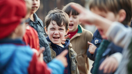 Fototapeta premium A bullied boy stands in the middle center of a crowd of group of children who laugh at him. Bullying and problems at school, educational high school, loneliness and solitude of kid