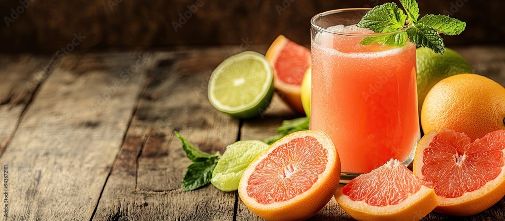 Poster fresh grapefruit juice in a glass accompanied by grapefruit slices lime and mint on a wooden surface