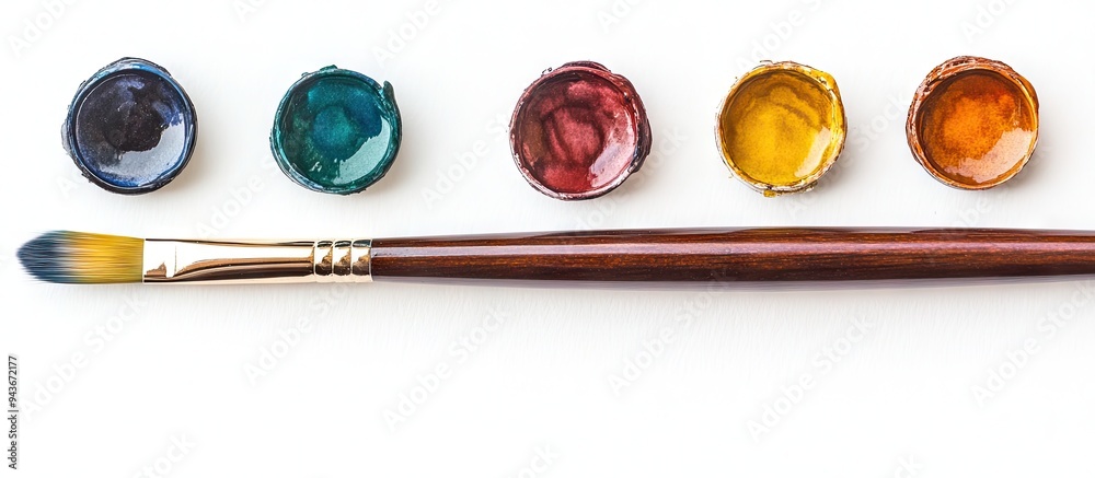 Aufkleber watercolor and paintbrush on a white background flat lay top view. with copy space image. place for 