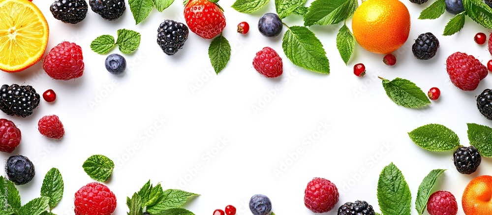 Aufkleber vibrant summer fruits border a white background from a top view with copy space