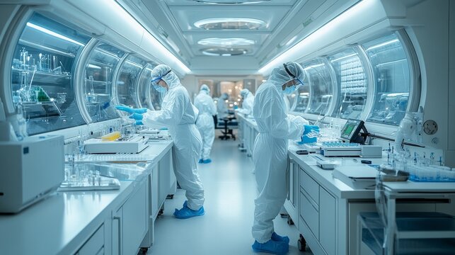 A group of people in white lab coats are working in a sterile environment