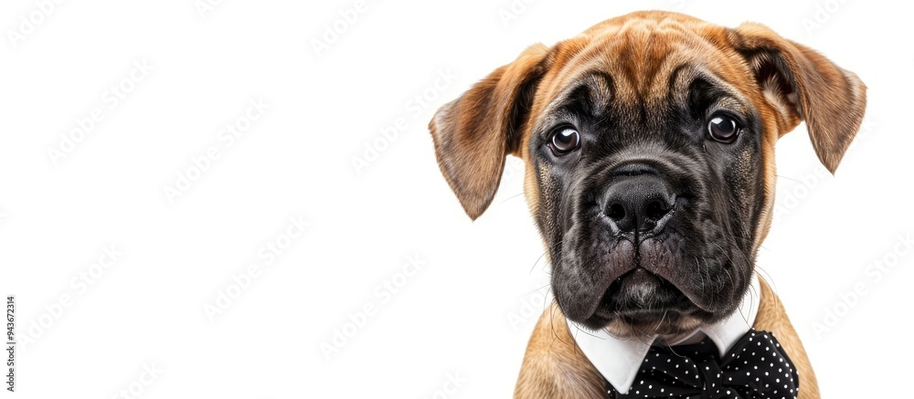 Poster A clever Mastiff puppy dressed in a necktie holds a sign that says sale over a blank white banner set against a white background. with copy space image. Place for adding text or design