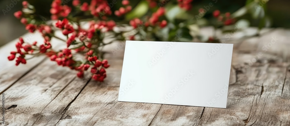 Poster Stylish table arrangement featuring a blank card on a wooden surface close up. with copy space image. Place for adding text or design