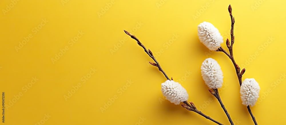 Poster yellow background with three pussy willow branches space for text. with copy space image. place for 