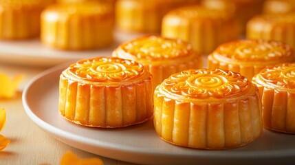 A close-up of golden mooncakes arranged on a white plate, highlighting their glossy finish and intricate designs, perfect for festive occasions.