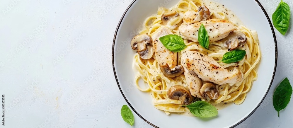 Aufkleber italian creamy pasta with chicken and mushrooms garnished with basil sauce top view classic italian 