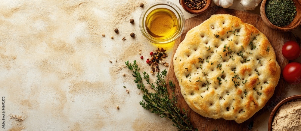 Poster focaccia ingredients include wheat ears flour and oil positioned next to bread on a beige background