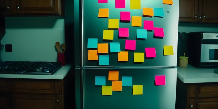 A refrigerator in a kitchen with an optical illusion effect, covered with colorful sticky notes.