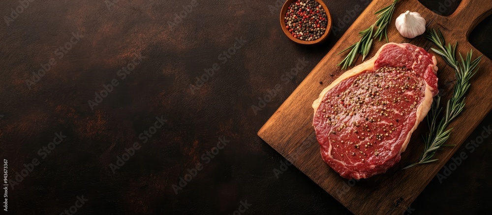 Fototapete Raw ribeye steak spices rosemary and garlic on a wooden cutting board Top view. with copy space image. Place for adding text or design