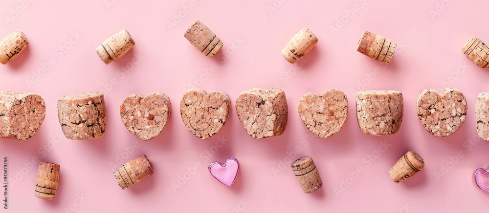 Poster corks from champagne sparkling wine and a wooden heart made from cork material on a pink background 