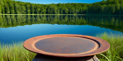 An old rusty metal plate stands on the shore of a serene lake, surrounded by lush green forest and reflecting clear blue skies.