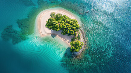 A small sandy island located in the middle of a calm sea, clear turquoise sea water