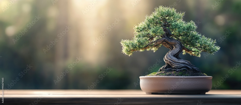 Poster bonsai chamaecyparis pisifera squarrosa dumosa positioned on a wooden table. with copy space image. 