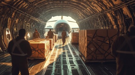Loading Cargo into Aircraft Interior for Air Freight. Ground crew loads cargo pallets inside an aircraft, focusing on efficient logistics and air freight services for global shipping operations.