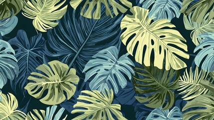 Vibrant Tropical Monstera Leaves Filling the Frame in Lush Green Foliage Background