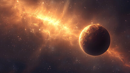 A glowing planet in a cosmic nebula.