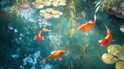 Colorful koi fish swimming gracefully among water lilies in a serene pond at midday, showcasing a tranquil aquatic environment