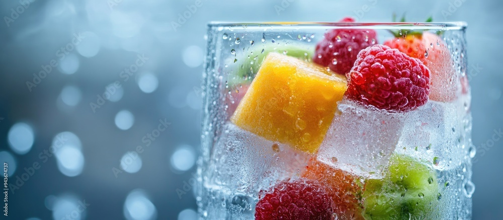 Aufkleber Ice cubes with fruit in a glass cabinet and water droplets with copy space for adding text
