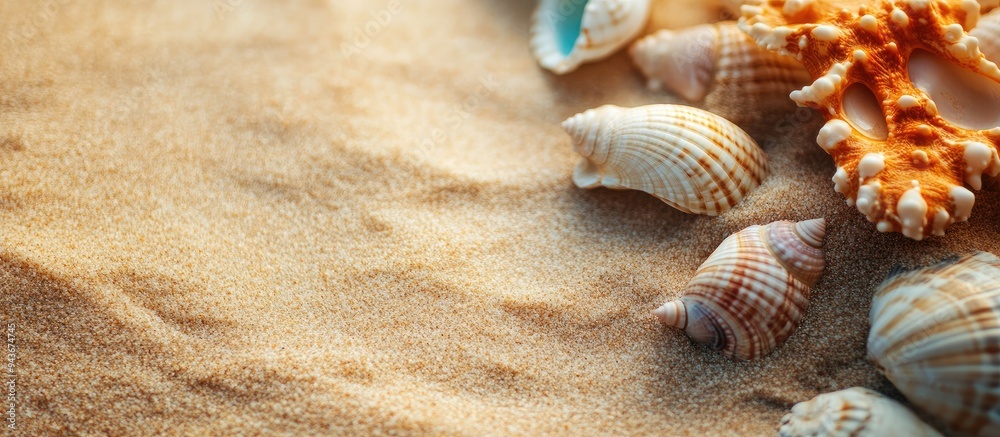 Poster Lovely sea shells on a sandy shore. with copy space image. Place for adding text or design