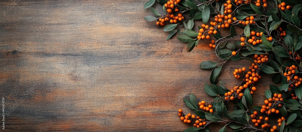 Leinwandbilder Flat lay featuring an autumn arrangement of common sea buckthorn and briar branches on a wooden surface. with copy space image. Place for adding text or design