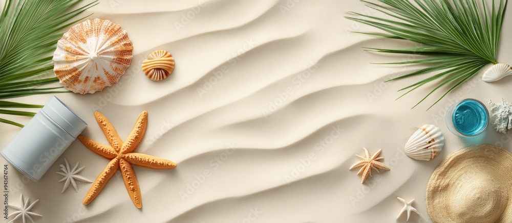 Aufkleber Flat lay arrangement featuring beach items on sand with room for text. with copy space image. Place for adding text or design