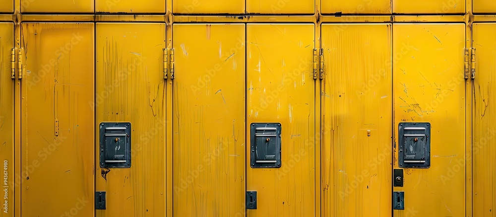 Poster Top view of a metallic locker set against a yellow background. with copy space image. Place for adding text or design