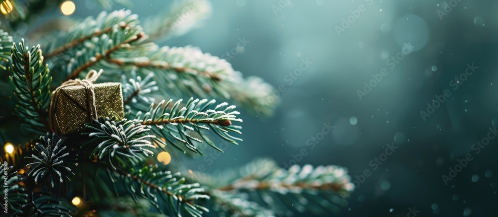 Fototapete christmas background featuring a fir tree branch and a present toned image. with copy space image. p
