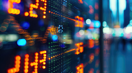 Obraz premium Digital stock market display with vibrant colors and blurred lights
