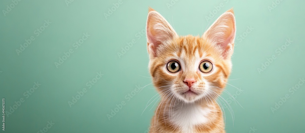 Poster portrait of an orange and white tabby kitten gazing directly at the viewer with a skeptical look a g