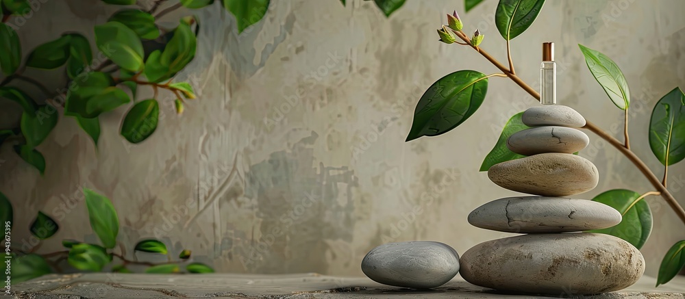 Poster Still life of meditation with a pipette resting on a pyramid of three stones and green leaves along with a space for text. with copy space image. Place for adding text or design