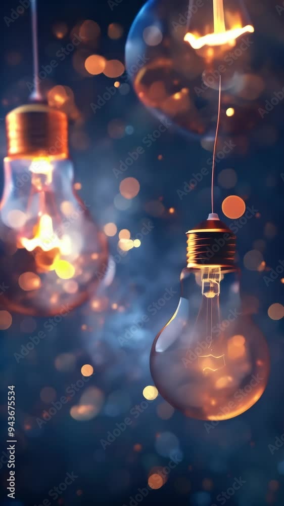 Poster close-up of multiple glowing light bulbs with a bokeh background, symbolizing ideas, creativity, and