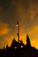 town hall in wroclaw on background sunset sky