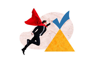 Composite photo collage of serious businessman run wear superhero cape mask fly check mark mountain...