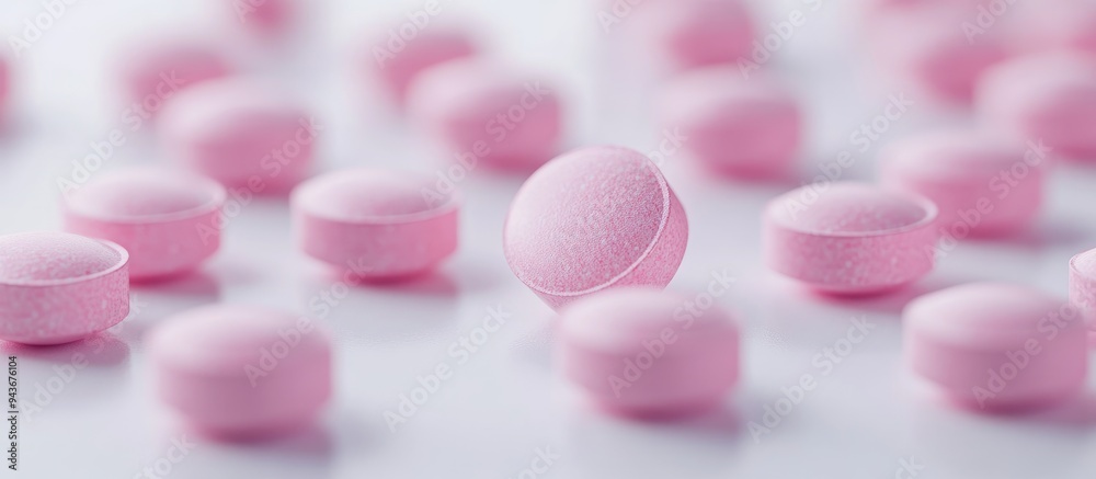 Poster pink vitamin tablets on a white surface. with copy space image. place for adding text or design