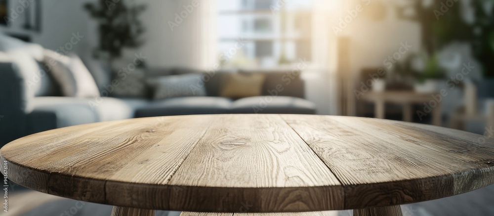 Leinwandbilder wooden table in front of a blurred minimal scandinavian living room ideal for showcasing advertising