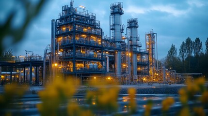 Fototapeta premium A chemical plant operates at dusk, showcasing illuminated structures against a backdrop of nature.