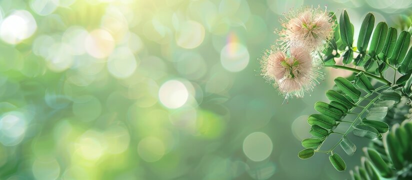 Soft focus on the Mimosa pudica flower known as the sensitive or sleepy plant found in the Brazilian savannah. with copy space image. Place for adding text or design