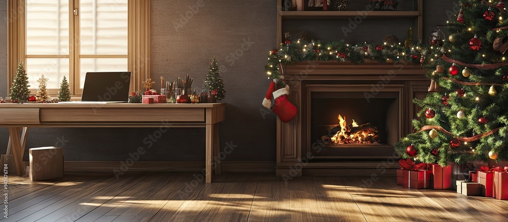 Poster wooden desk christmas tree and fireplace with a christmas tree. with copy space image. place for add
